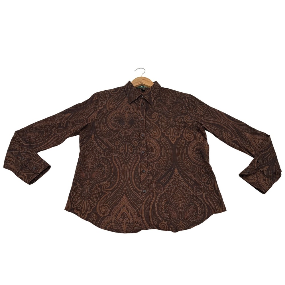Lauren Ralph Lauren Button Down Women L Brown Excellent Paisley Cotton Blouse